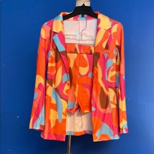 Orange and Pink Retro Blazer and short set with Abstract Print